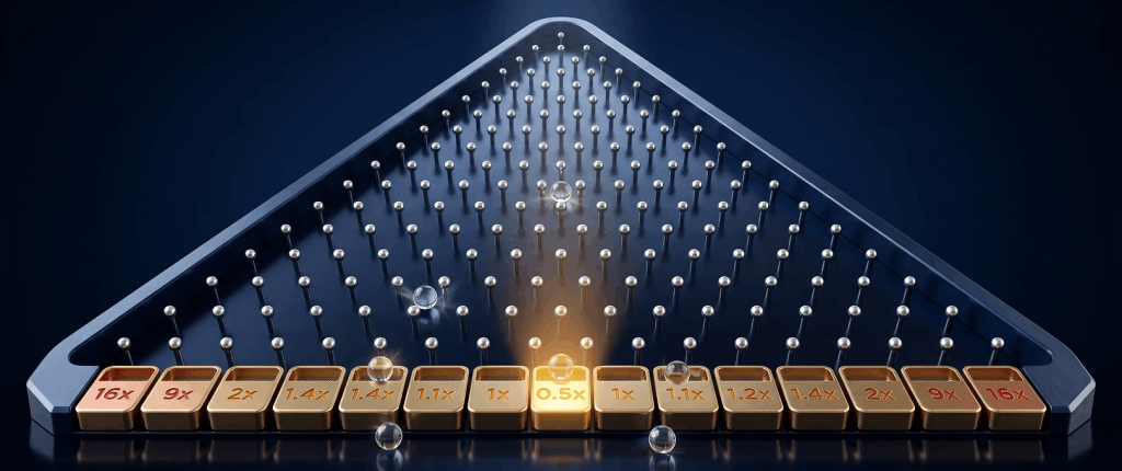 Plinko game board with pegs and multiplier slots showing chip drop outcomes and payout values