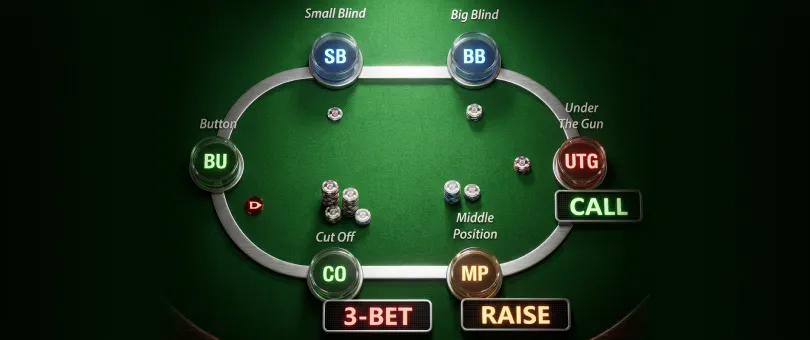 3 bet in poker example showing table positions, raise, call, and re-raise