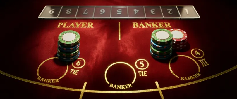 Baccarat strategy with Player, Banker, and Tie betting positions and casino chips